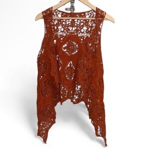 Crochet Lace vest orange brown boho hippie knit NEW open front shark bite hem